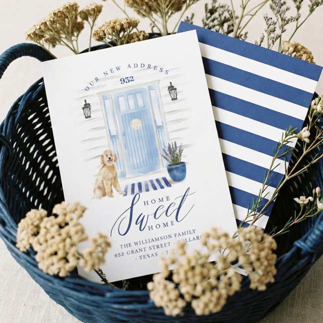 Anuncio Hogar Dulce Hogar Azul Costera de Agua Puerta Dela (Home Sweet Home Blue Coastal Watercolor Front Door Announcement)