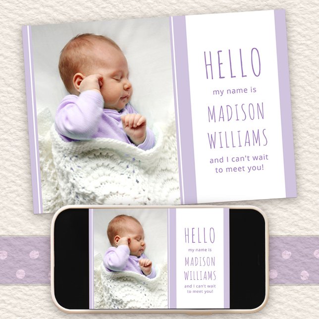 Anuncio Hola bebé foto Sweet Lilac Birth (Hello Baby Birth Announcement with message on the back)