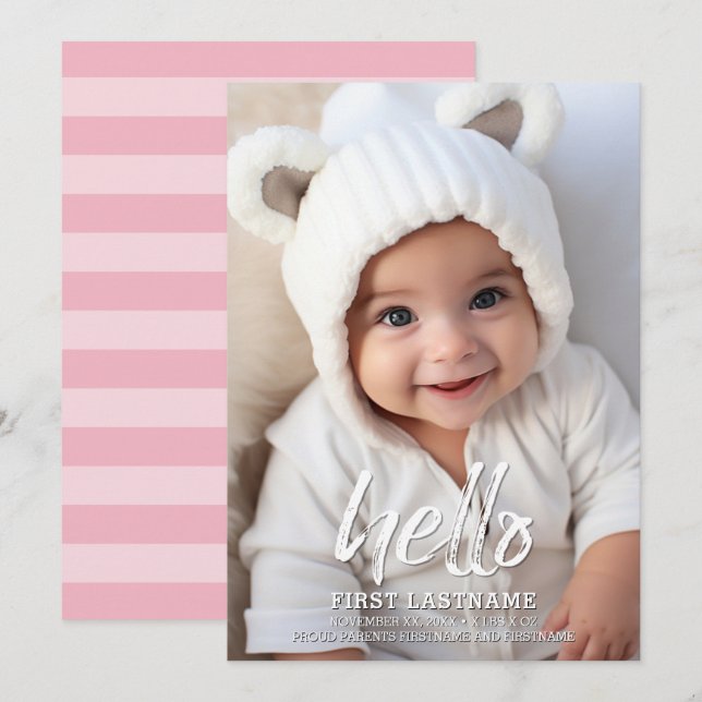 Anuncio Hola Letras cepilladas caprichosas Baby Girl Photo (Anverso / Reverso)