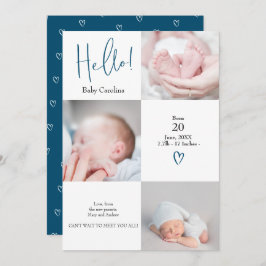 Anuncio Hola moderno azul blanco 3 fotos bebé nacimiento
