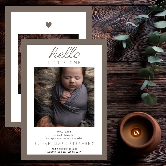 Anuncio Hola Pequeña - 2 Bebé Fotos Nacimiento Neutral ("Hello Little One" 2 Photo Baby Greige and White Neutral Birth Announcement)