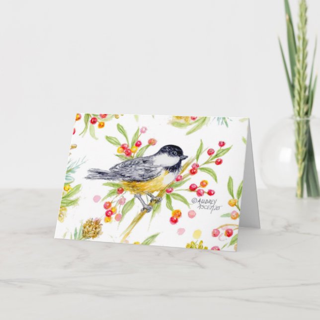 Anuncio Holiday Chickadee Berry Branch Greeting Card (Anverso)