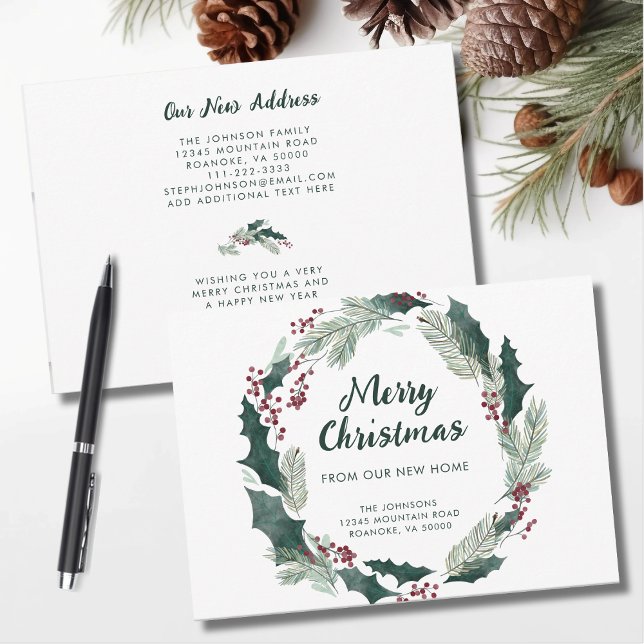 Anuncio Holly Wreath Merry Christmas from New Home (Holly Wreath Merry Christmas from Our New Home Announcement Flat Card with Envelope)