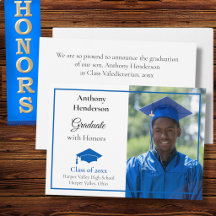 Honors Graduation Announcement Blue Cap and Photo