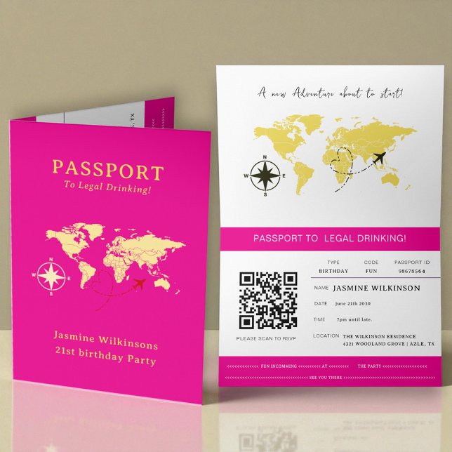 Anuncio Hot Pink Passport Style 21st Birthday Party  (colors can be changed just message with the color hex code you want and ill be happy to change it.)