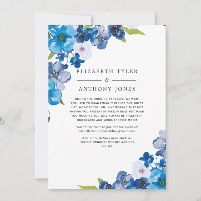 Anuncio Hues of Blue Floral Reduced Boda Guest List (Anverso)