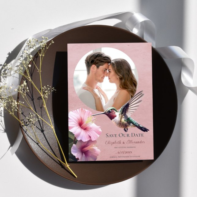 Anuncio Hummingbird e Hibiscus Photo Save the Date Pink (Pink Hummingbird Hibiscus Photo Save the Date)