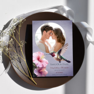 Anuncio Hummingbird e Hibiscus Photo Save the Date Purple