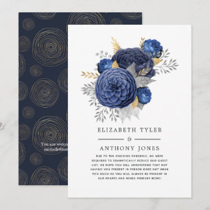 Anuncio Invitados de boda floral azul marino, oro y plata