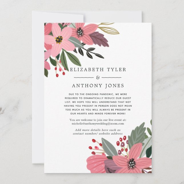 Anuncio Invitados de boda reducidos con flores rosadas, do (Anverso)