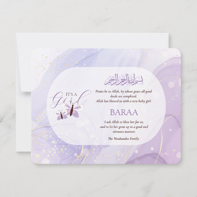 Anuncio Islamic Baby Girl Birth Announcement Card Aqeeqah  (Anverso)