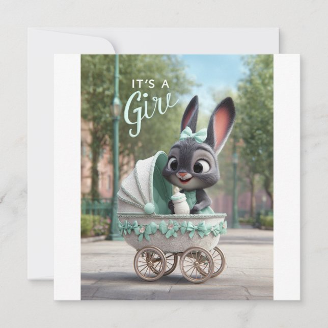 Anuncio It’s a Girl Baby: Cute Bunny in Green Stroller (Anverso)