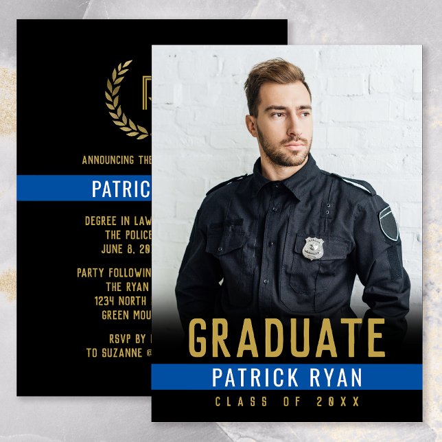 Anuncio La policía graduada delgada foto trasera de oro de (Police Blue Line Graduation Announcement Party Invitation)