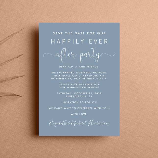 Anuncio La recepción de bodas azul turbio salva la fecha (A chic save the date announcement for a reception to celebrate your elopement or private wedding)