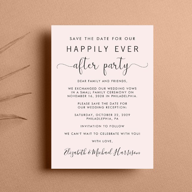 Anuncio La recepción de bodas rosada salva la fecha (A chic save the date announcement for a reception to celebrate your elopement or private wedding )