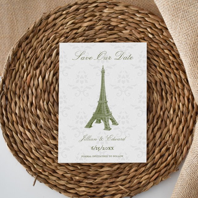Anuncio La Torre Eiffel Verde Damask Save The Date (Green Eiffel Tower Damask Save the Date)