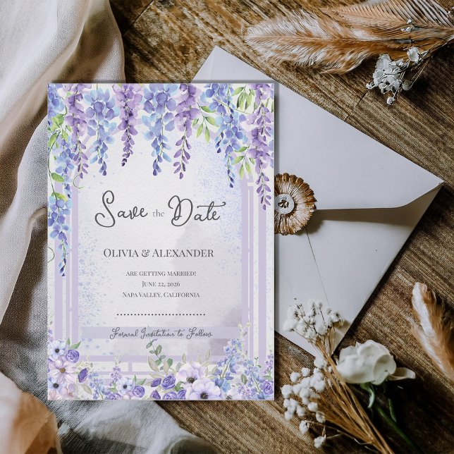 Anuncio Lavanda Romántica Wisteria Avisa la Fecha (Romantic Lavender Wisteria Save the Date Card | Purple Floral Garden Wedding Announcement)