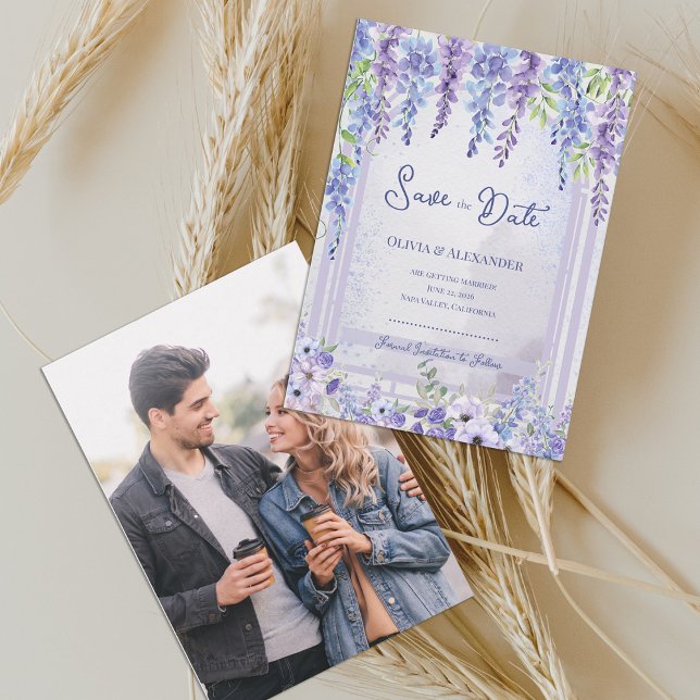 Anuncio Lavender Wisteria Garden Romantic Photo Wedding (Lavender Wisteria Garden Photo Save the Date Card | Purple Floral Wedding Announcement)