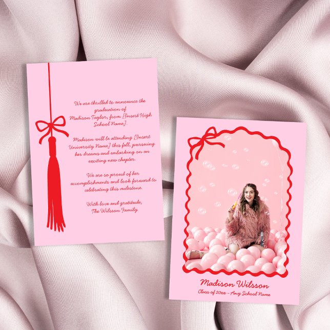 Anuncio Lazo de borla chic Foto de graduación 2026 Graduac (Chic Tassel Bow Grad Photo 2025 Graduation Announcement)