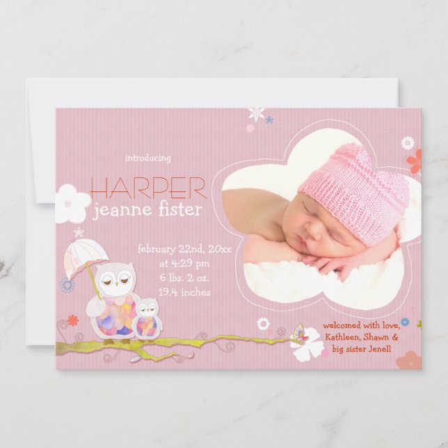Anuncio Lechuzas pequeñas rosadas bebé foto nacimiento (Anverso)