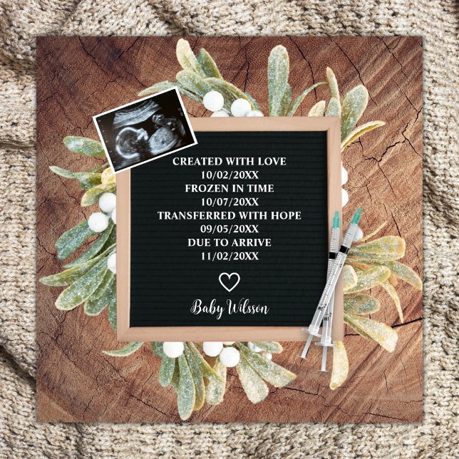 Anuncio Letra de invierno Placa para timbre Sonograma FIV  (ivf pregnancy announcement card winter wreath ultrasound photo sonogram)