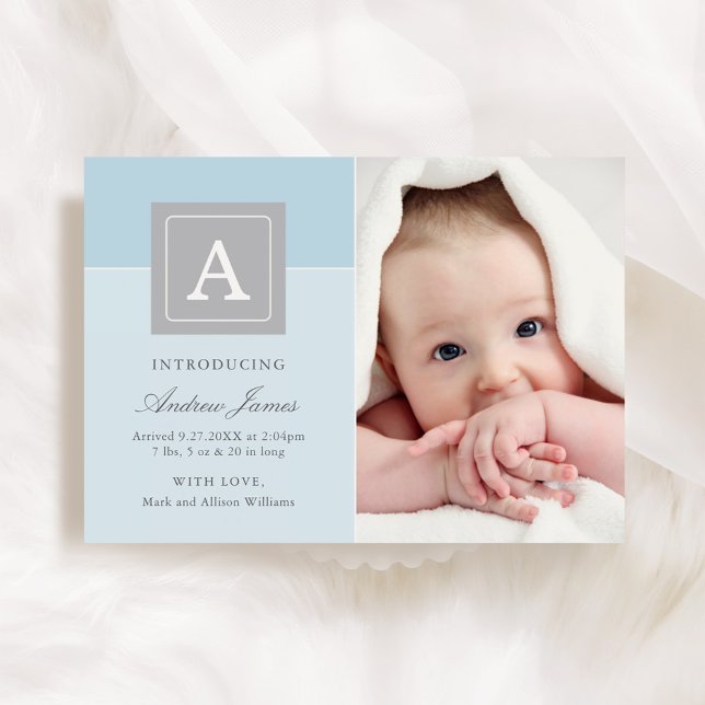 Anuncio Letra elegante Block Baby Boy foto Nacimiento azul (Subido por el creador)