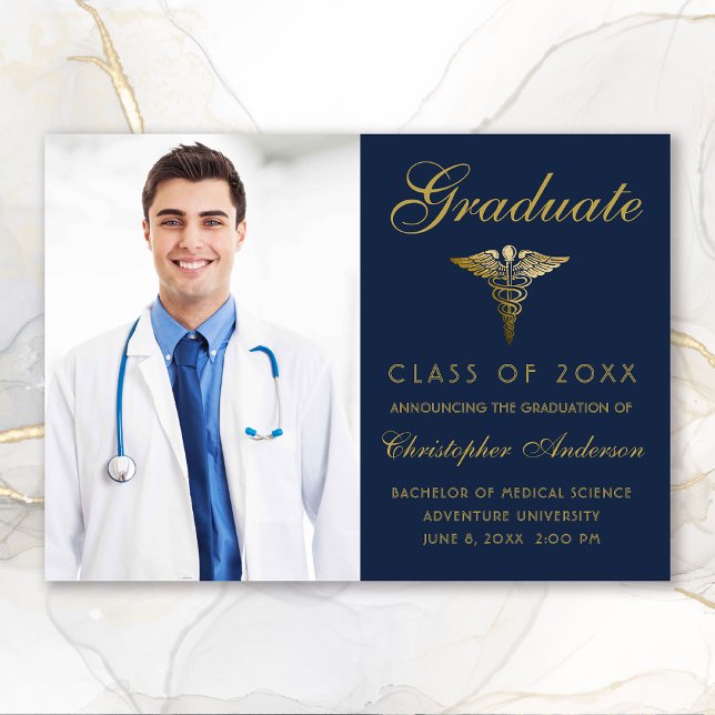 Anuncio Licenciatura en Oro Azul de la Marina Médica (Medical Navy Blue Gold Script Photo College Graduation Announcement)