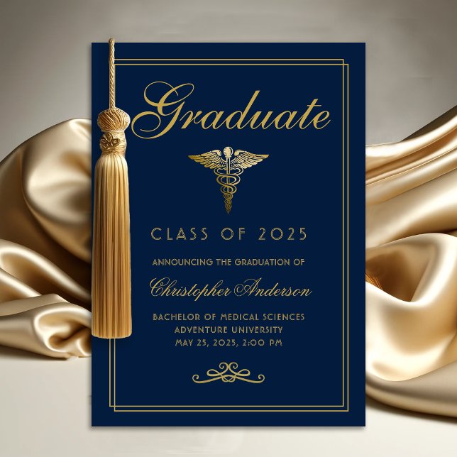 Anuncio Licenciatura en Oro Azul de la Marina Médica (Medical Navy Blue Gold Caduceus College Graduation Announcement)