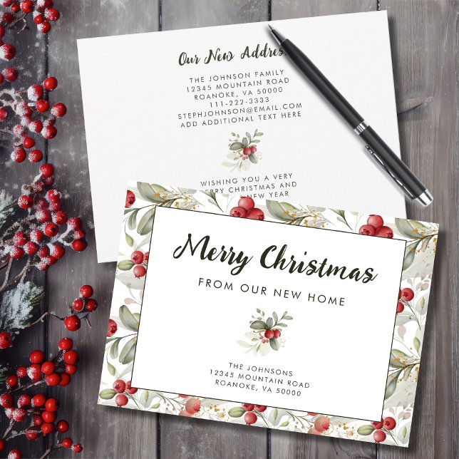 Anuncio Los Navidades de la Cruz Roja y la vegetación en e (Red Cranberries Christmas Greenery New Home Announcement Flat Card with Envelope)