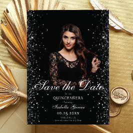 Anuncio Luxury Black Gold Quinceañera Photo Save the date