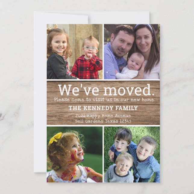 Anuncio Madera rústica 4 Collages de fotos Nos hemos mudad (Anverso)