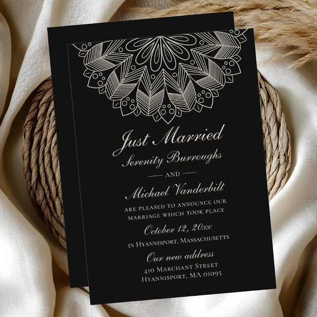 Anuncio Mandala Indian Boho Black Just Married Wedding (Subido por el creador)