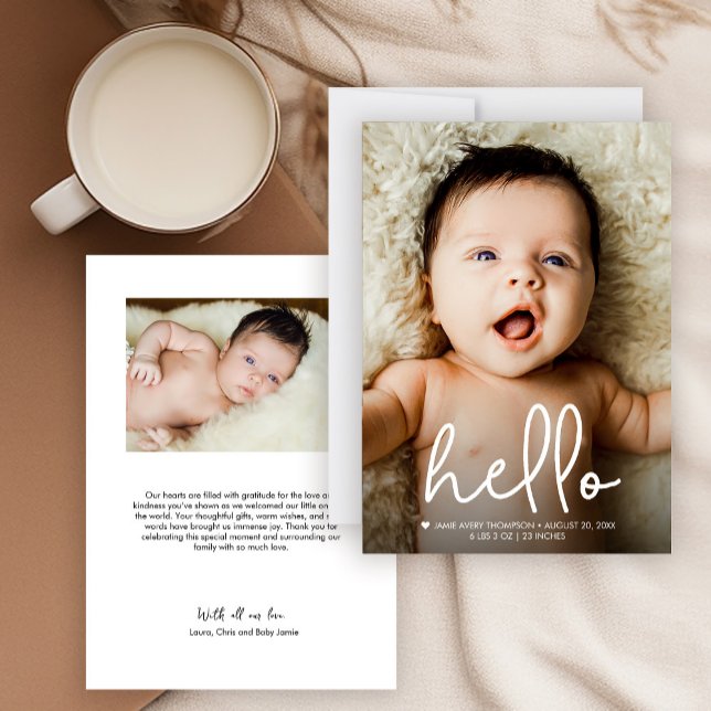 Anuncio Manuales modernos Hola Personalizados Fotos del be (Hello modern script baby birth announcement minimalist photo thank you card.)