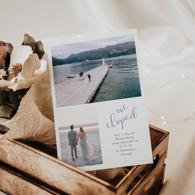 Anuncio Mares tranquilos | Dos fotos que eludimos la Invit (A simple and elegant wedding elopement announcement with serene blue text and two of your photos)