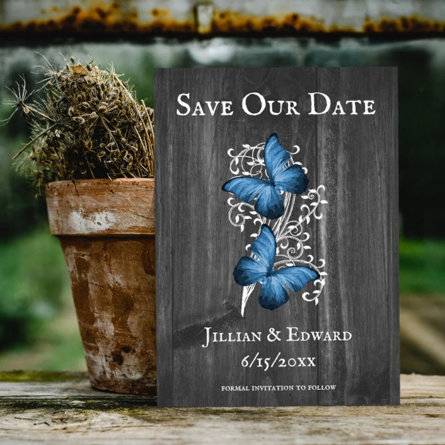 Anuncio Mariposa Azul Rústica Salvar Fecha (Blue Rustic Butterfly Save the Date)