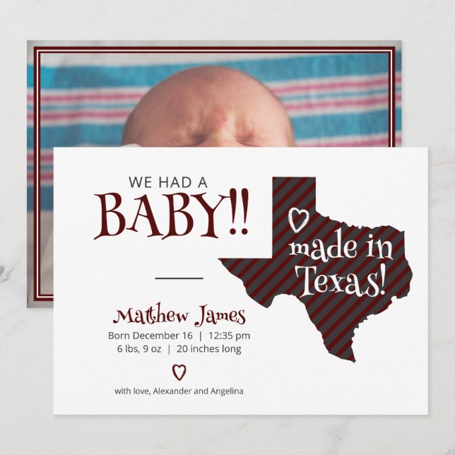 Anuncio Maroon a rayas hecho en Texas Photo Baby (Anverso / Reverso)