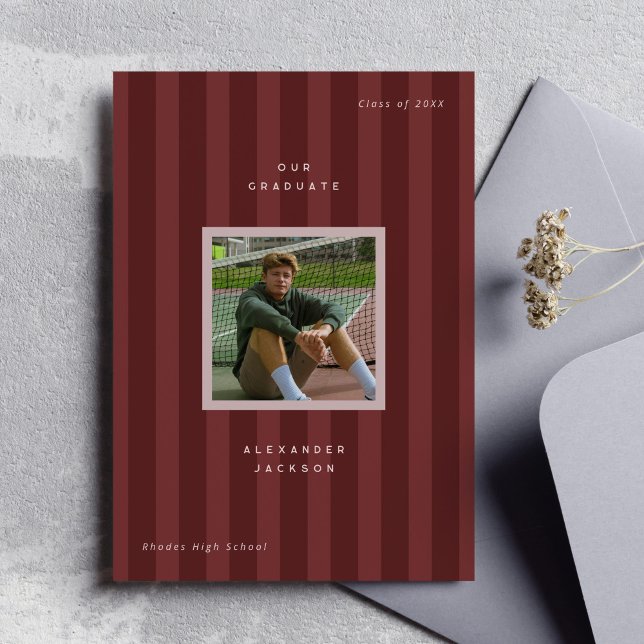 Anuncio Maroon Sporty Stripes Graduation Photo  (maroon red sporty stripes modern graduation photo announcement card)