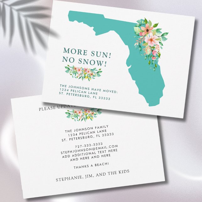 Anuncio Más Sol No Nieve Mapa De Florida Moviéndose (More Sun No Snow Florida Map Floral Moving Announcement Flat Card)