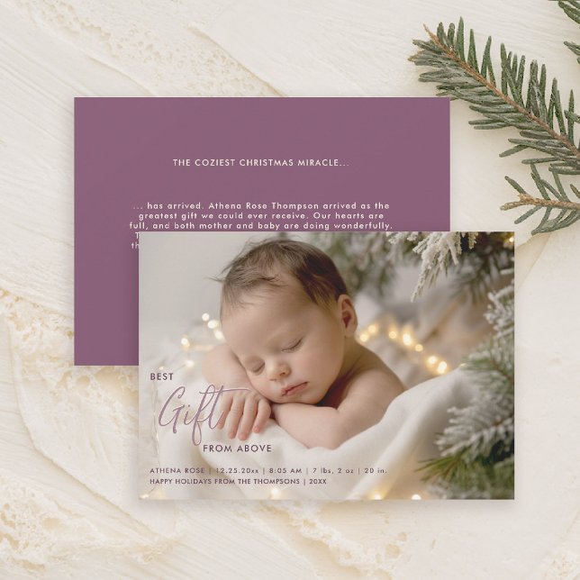 Anuncio Mejor caligrafía de regalo navidad foto de bebé ro (christmas family card baby announcement best gift calligraphy simple elegant modern lavender pink)