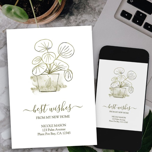 Anuncio Mi nueva casa elegante planta de dinero china en m (potted plant new address card available printed or as printable digital download)