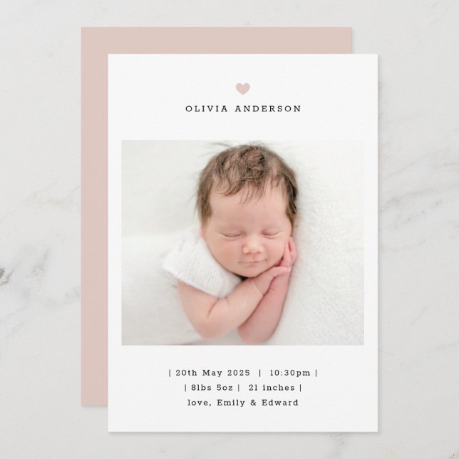 Anuncio Minimalist Pink Heart Girl Birth Announcement (Anverso / Reverso)