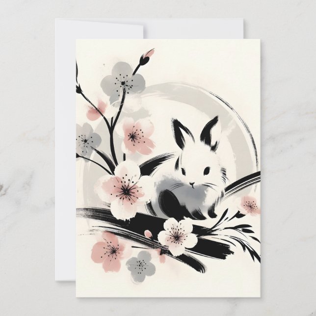 Anuncio Minimalist Zen Ink Bunny Cherry Blossoms (Anverso)