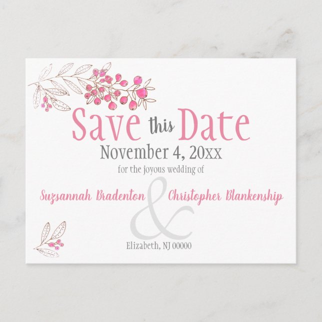 Anuncio Minimalista de Bodas con Bayas Rosadas (Anverso)