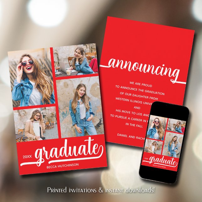 Anuncio Moda 4 Foto Graduación Roja (Chic 4 Photo Red Graduation Announcements)