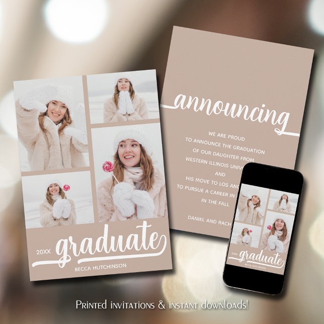 Anuncio Moda 4 Graduación fotográfica (Chic 4 photo taupe-beige graduation announcements)