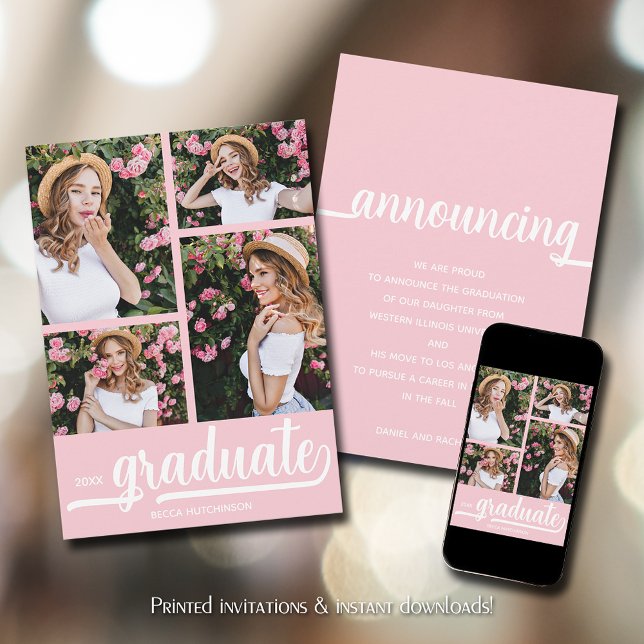 Anuncio Moda 4 Graduación fotográfica (Chic 4 photo collage pink graduation announcements)