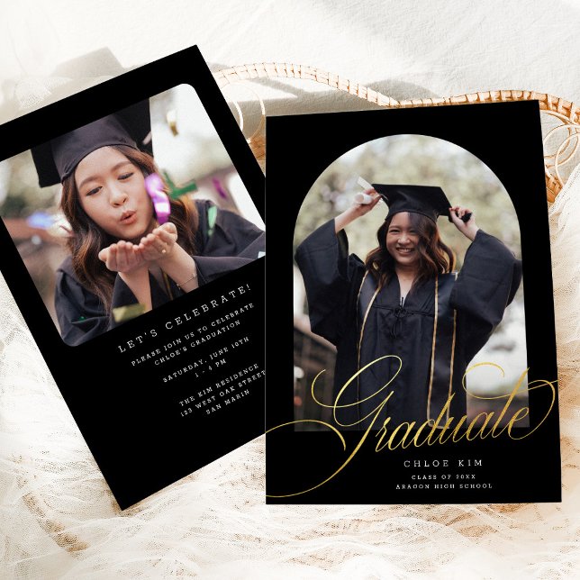 Anuncio Moda Black Gold Script Arch Graduación Foto (Subido por el creador)