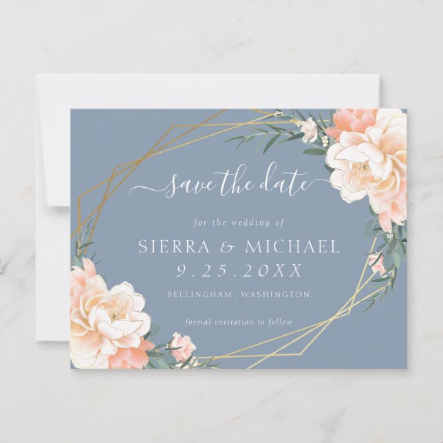 Anuncio Moda Dusty Blue Peach Floral Gold Save the Date (Anverso)