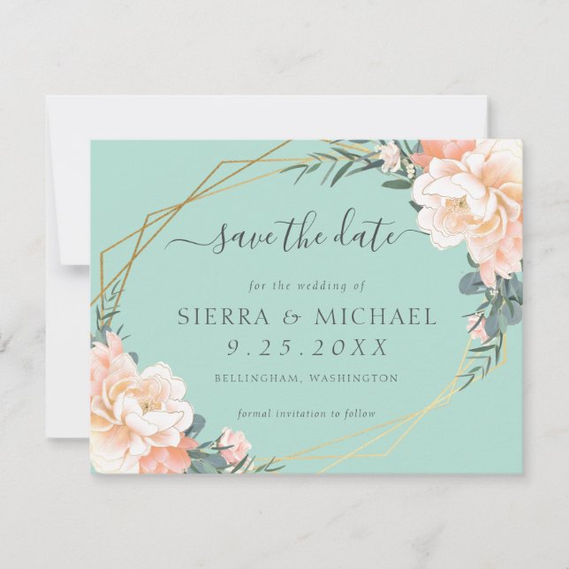 Anuncio Moda Mint Green Peach Gold Floral Save the Date (Anverso)