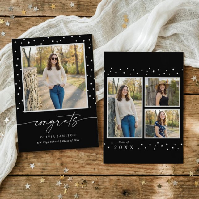 Anuncio Modern Black and White Handwriting Graduation (Modern graduation announcement with photos, handwriting script and minimalist stars)